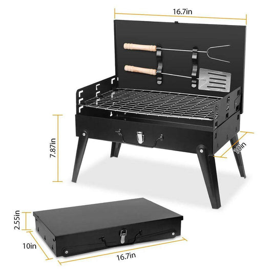 Outdoor Portable Charcoal Grill in Black Comes with 1X BBQ Grill1X BBQ Net1X Fork1X BBQ Spatula2X Handles