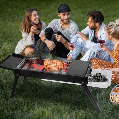 Portable BBQ Grill with Shelf, 34X9X12In Foldable Charcoal BBQ Grill with Steel Net, Black