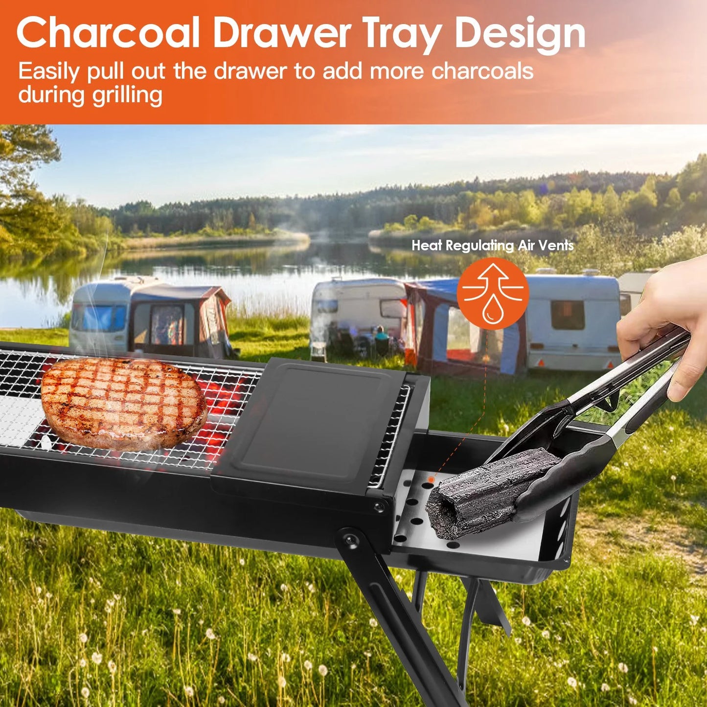 Portable BBQ Grill with Shelf, 34X9X12In Foldable Charcoal BBQ Grill with Steel Net, Black