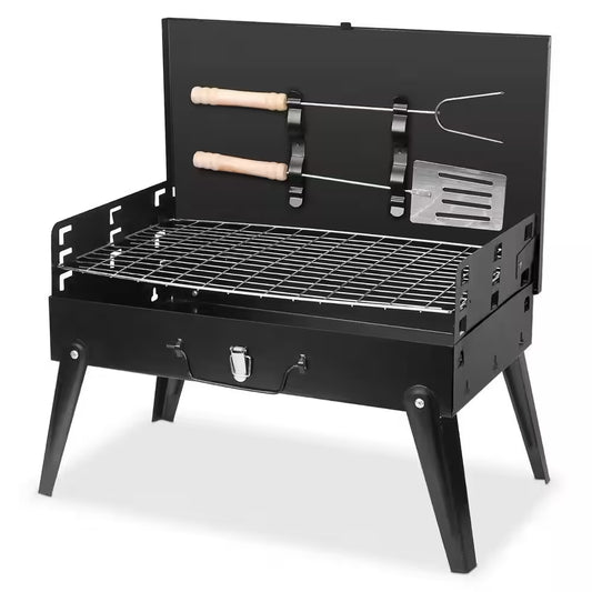 Outdoor Portable Charcoal Grill in Black Comes with 1X BBQ Grill1X BBQ Net1X Fork1X BBQ Spatula2X Handles