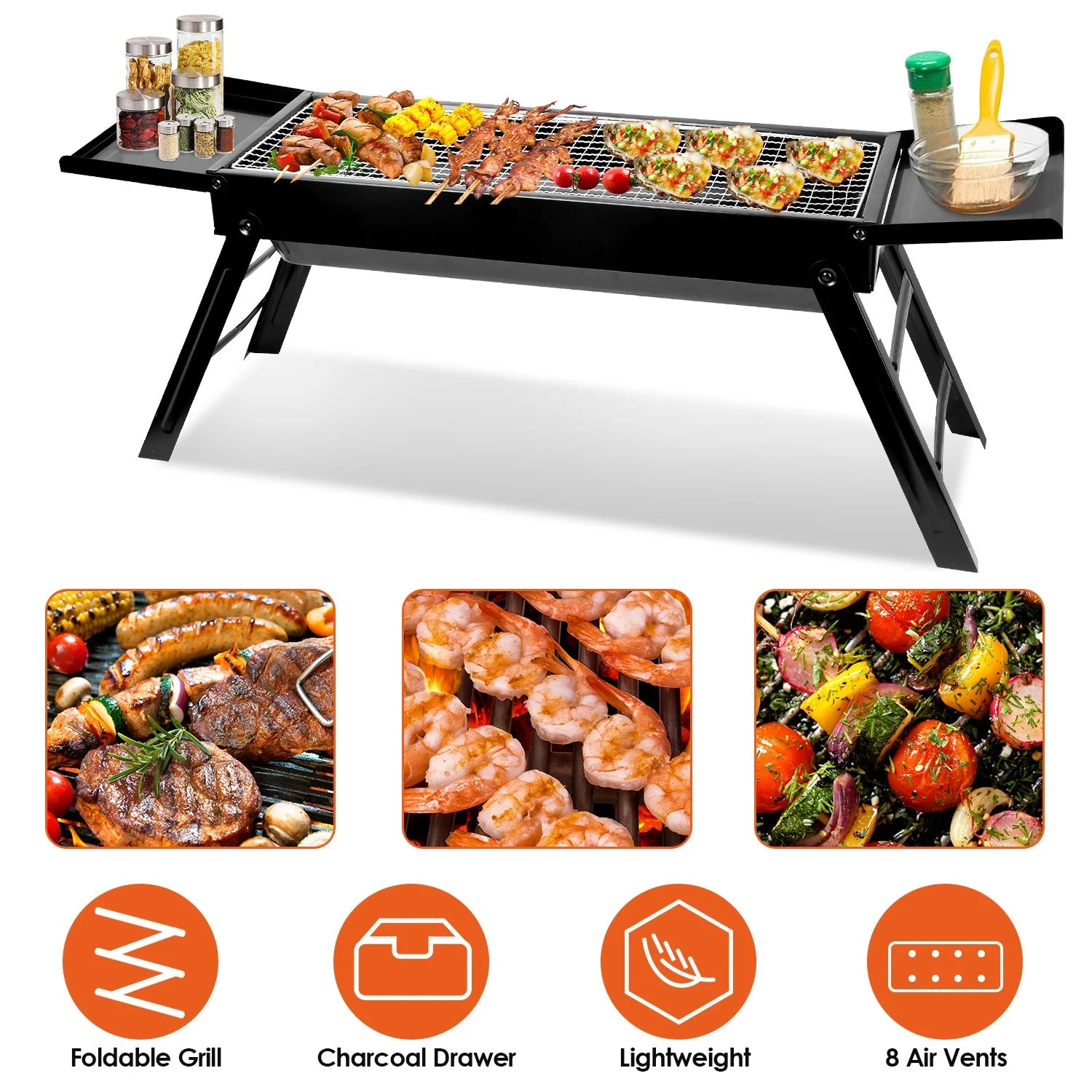Portable BBQ Grill with Shelf, 34X9X12In Foldable Charcoal BBQ Grill with Steel Net, Black