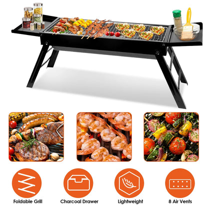 Portable BBQ Grill with Shelf, 34X9X12In Foldable Charcoal BBQ Grill with Steel Net, Black