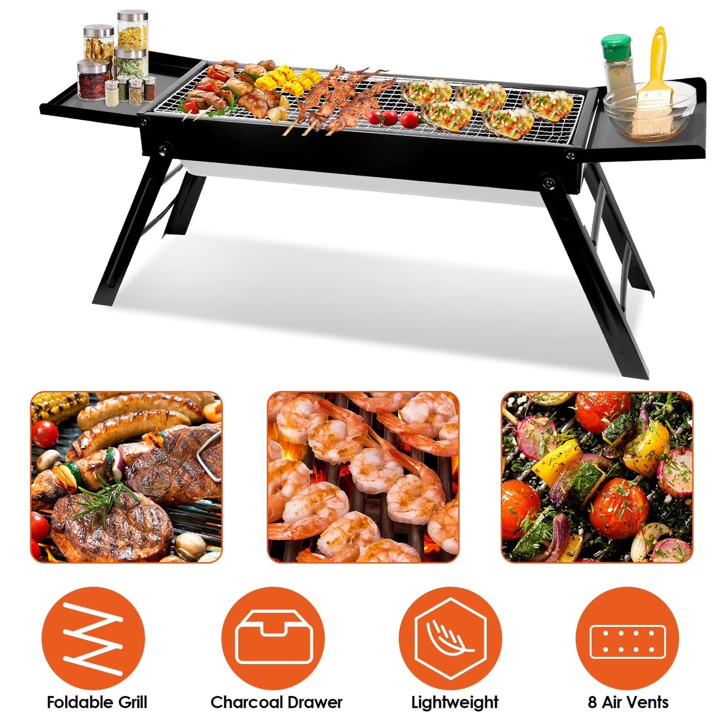 Portable BBQ Grill with Shelf, 34X9X12In Foldable Charcoal BBQ Grill with Steel Net, Black