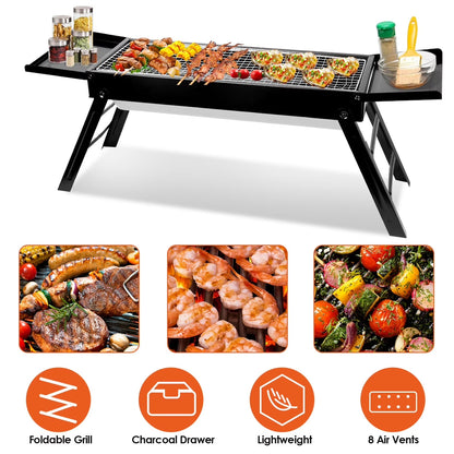 Portable BBQ Grill with Shelf, 34X9X12In Foldable Charcoal BBQ Grill with Steel Net, Black