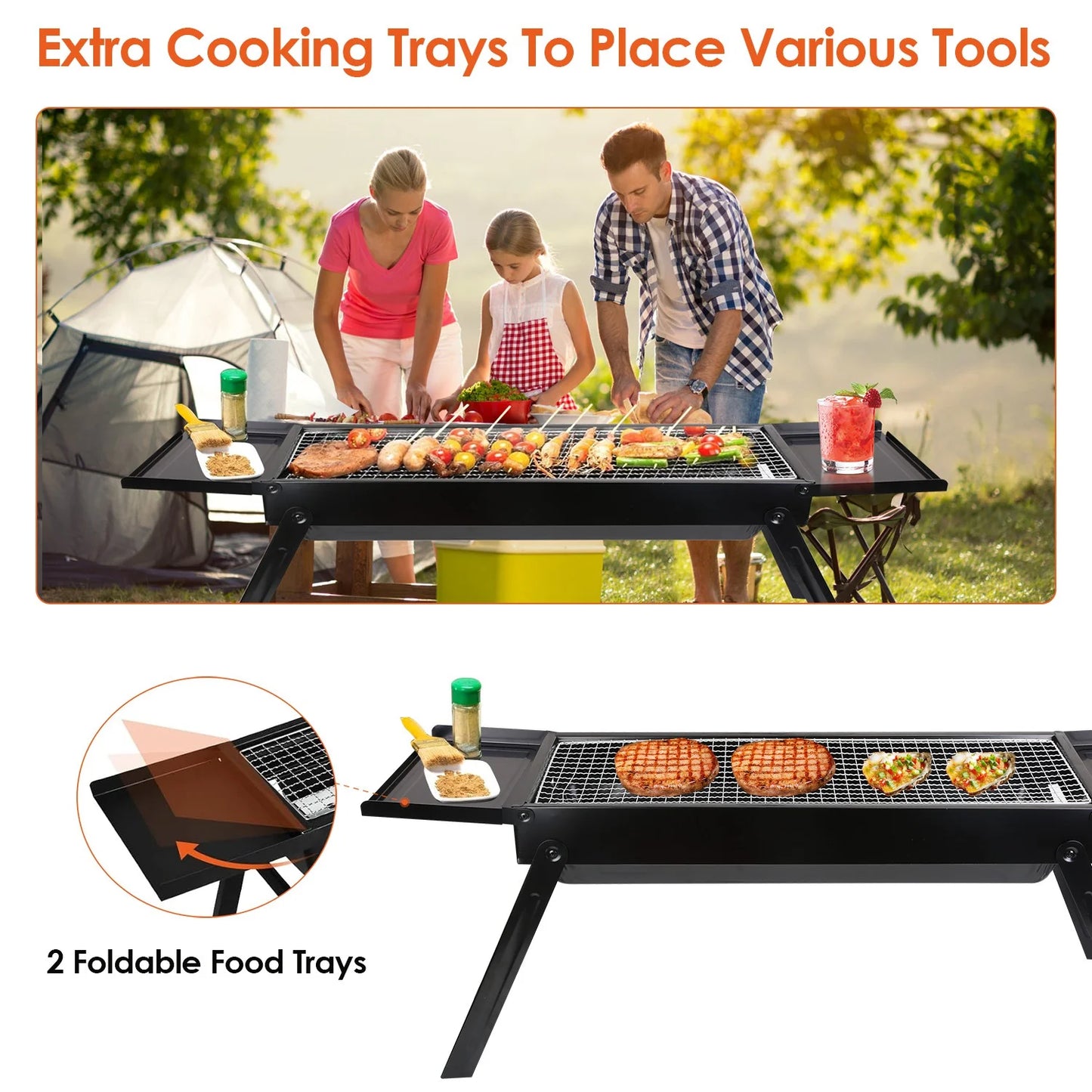 Portable BBQ Grill with Shelf, 34X9X12In Foldable Charcoal BBQ Grill with Steel Net, Black