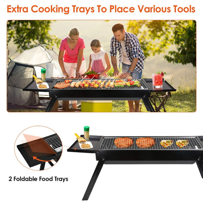 Portable BBQ Grill with Shelf, 34X9X12In Foldable Charcoal BBQ Grill with Steel Net, Black