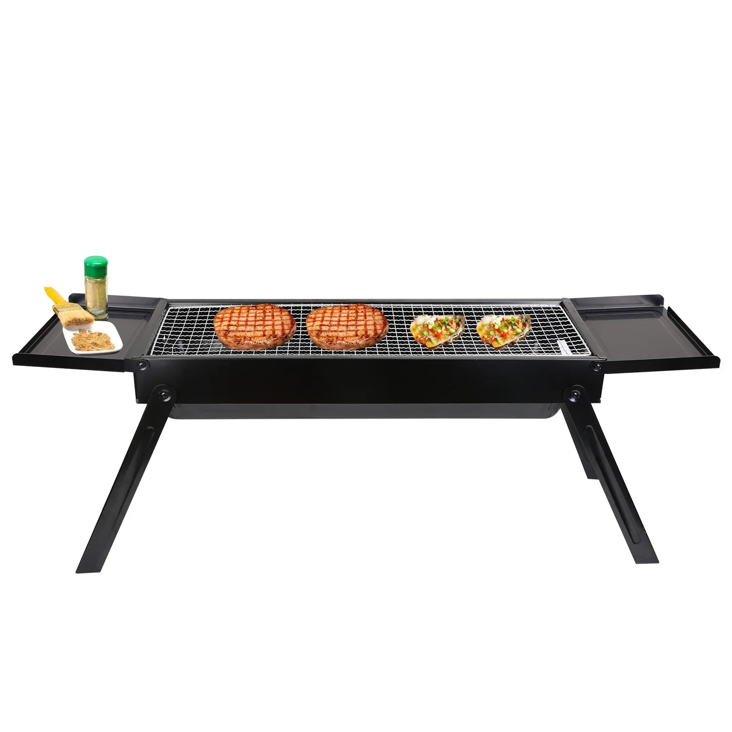 Portable BBQ Grill with Shelf, 34X9X12In Foldable Charcoal BBQ Grill with Steel Net, Black