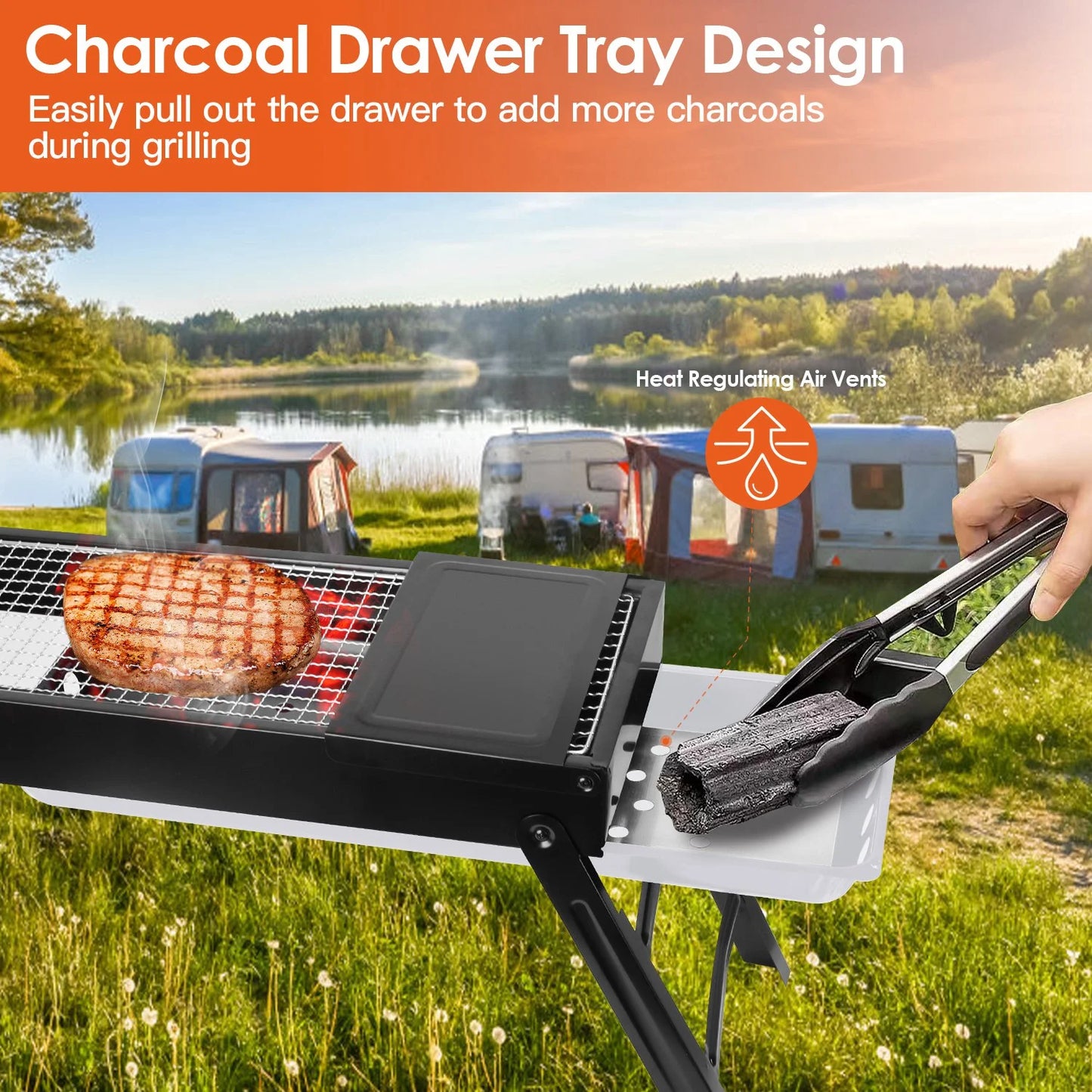 Portable BBQ Grill with Shelf, 34X9X12In Foldable Charcoal BBQ Grill with Steel Net, Black