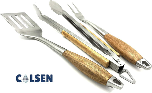 Heavy Duty 3-Piece BBQ Grilling Tool Set, Stainless Steel Tongs, Spatula, & Fork, Kitchen Utensils Set, Camping Accessories, Brown