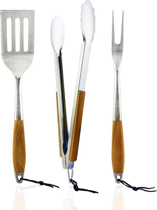 Heavy Duty 3-Piece BBQ Grilling Tool Set, Stainless Steel Tongs, Spatula, & Fork, Kitchen Utensils Set, Camping Accessories, Brown
