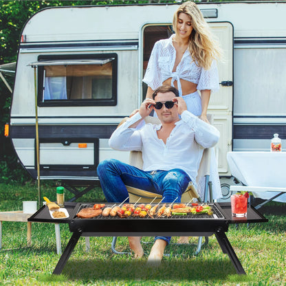 Portable BBQ Grill with Shelf, 34X9X12In Foldable Charcoal BBQ Grill with Steel Net, Black