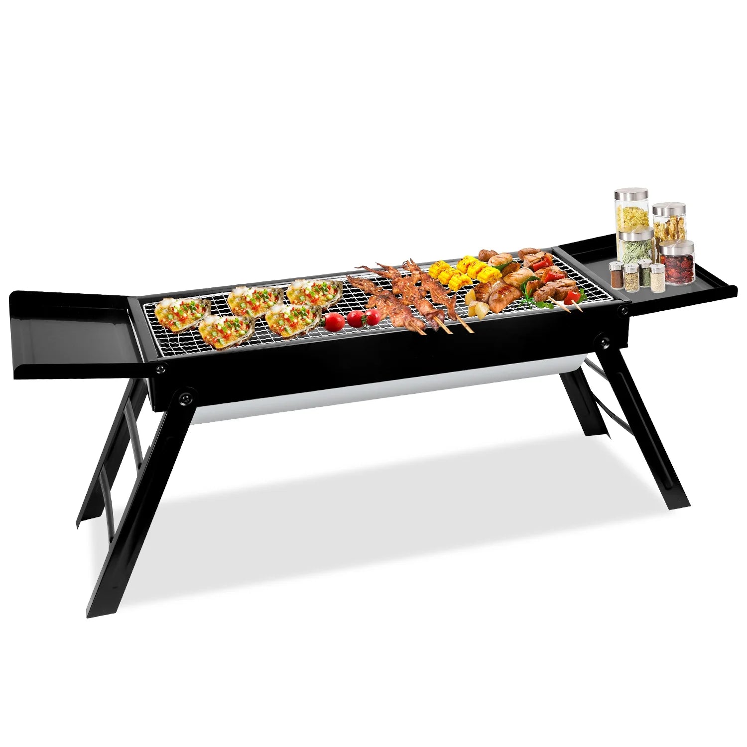 Portable BBQ Grill with Shelf, 34X9X12In Foldable Charcoal BBQ Grill with Steel Net, Black