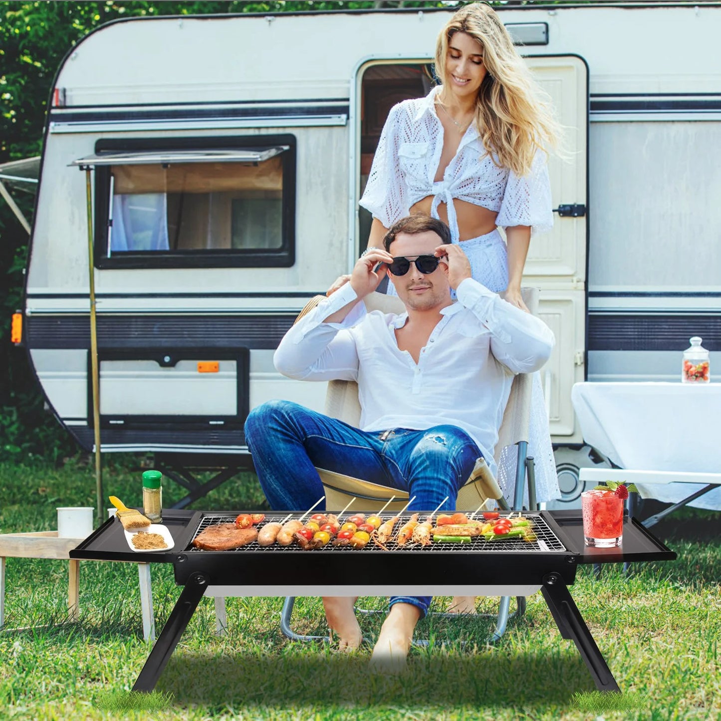 Portable BBQ Grill with Shelf, 34X9X12In Foldable Charcoal BBQ Grill with Steel Net, Black