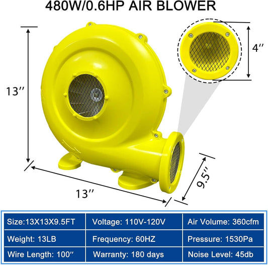 480W/0.6HP Inflatable Bouncer Blower Air Blower for Outdoor Bounce Houses, Water Slides Air Sofas, Paint Booth and Other Suitable Outdoor Inflatables Electric Air Pump Fan