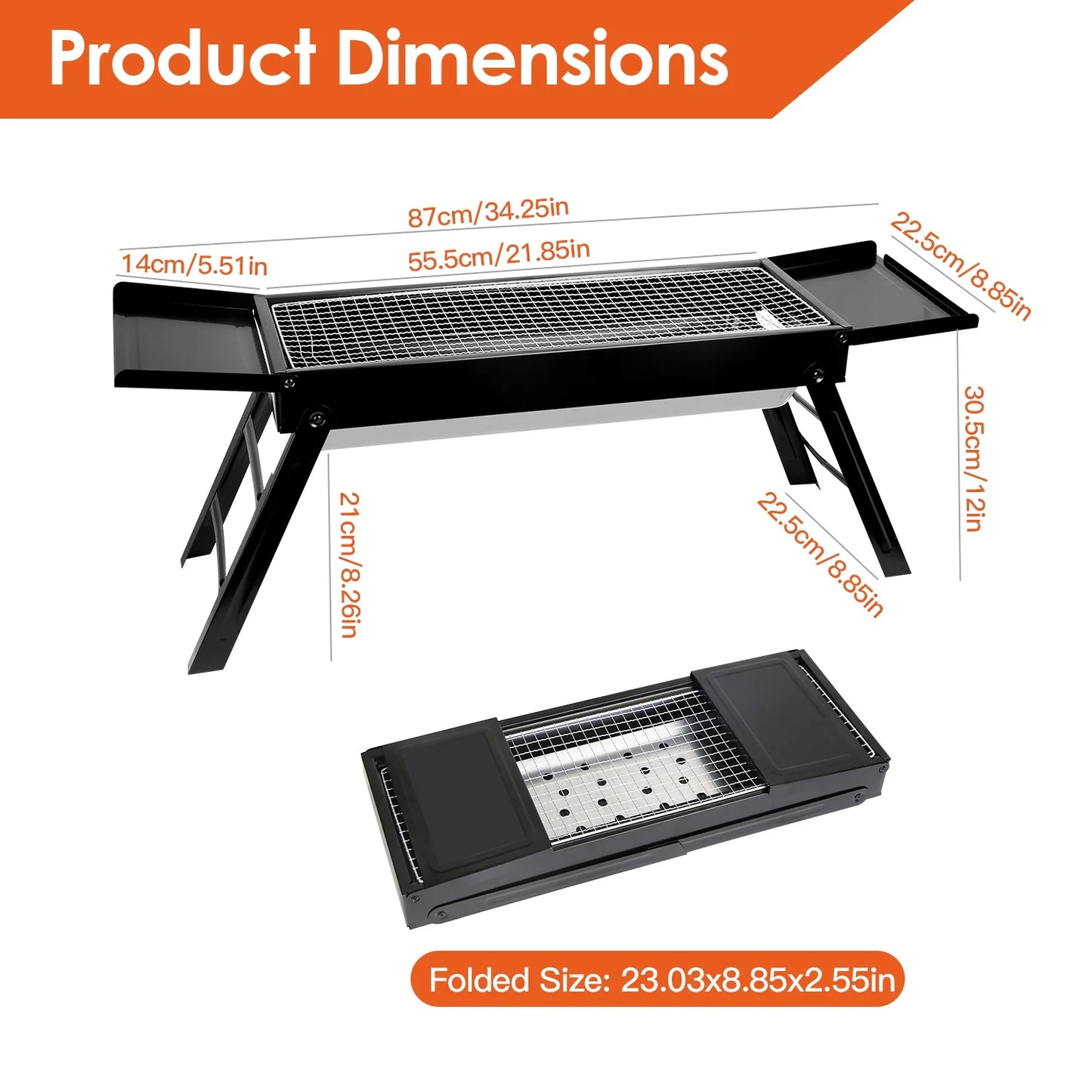 Portable BBQ Grill with Shelf, 34X9X12In Foldable Charcoal BBQ Grill with Steel Net, Black