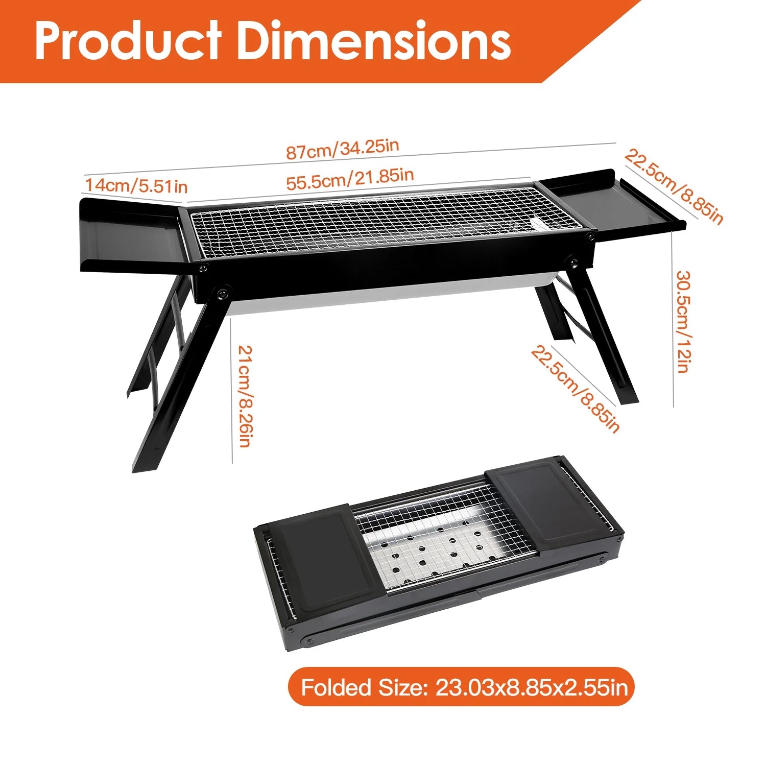 Portable BBQ Grill with Shelf, 34X9X12In Foldable Charcoal BBQ Grill with Steel Net, Black