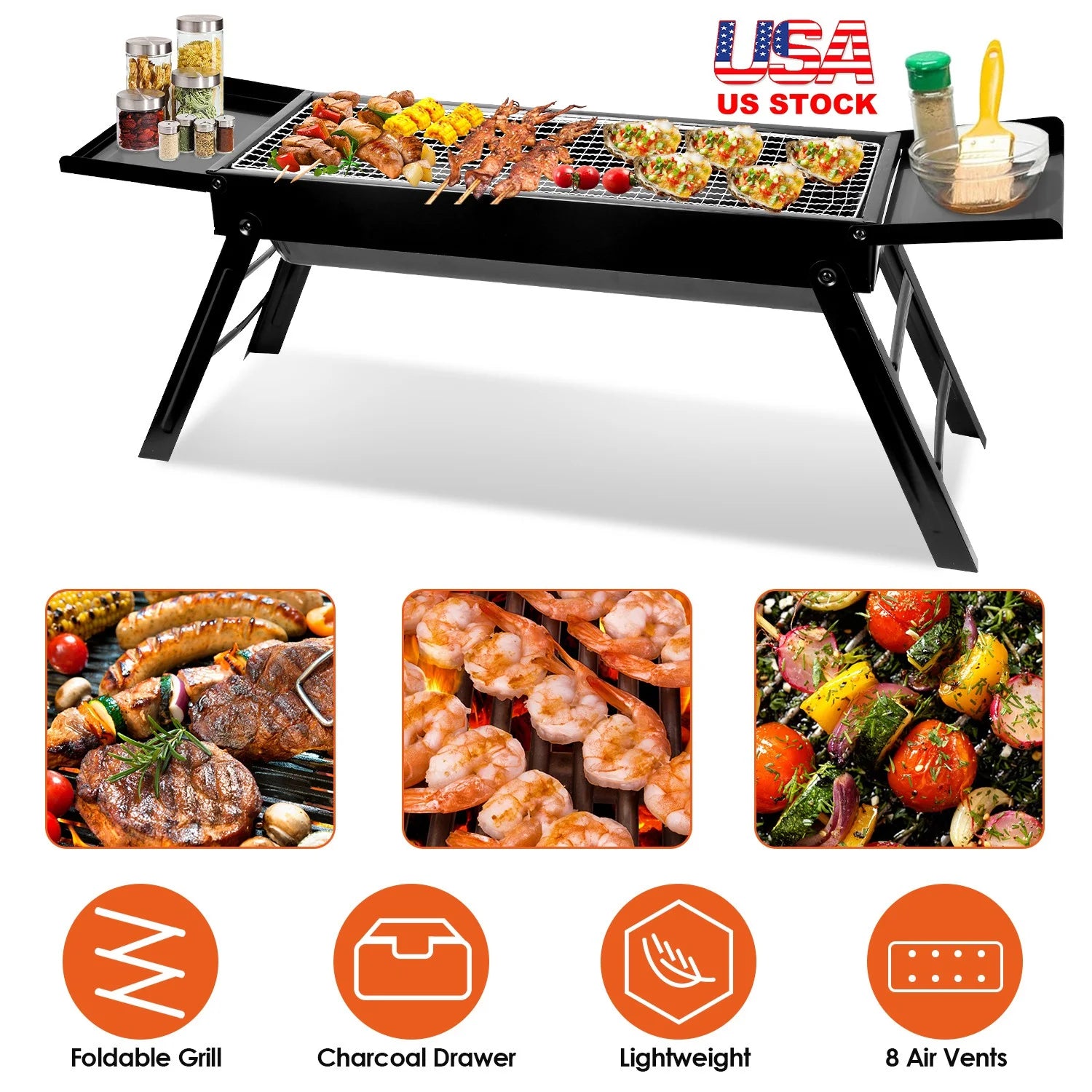 Portable BBQ Grill with Shelf, 34X9X12In Foldable Charcoal BBQ Grill with Steel Net, Black