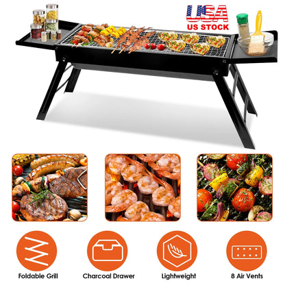 Portable BBQ Grill with Shelf, 34X9X12In Foldable Charcoal BBQ Grill with Steel Net, Black