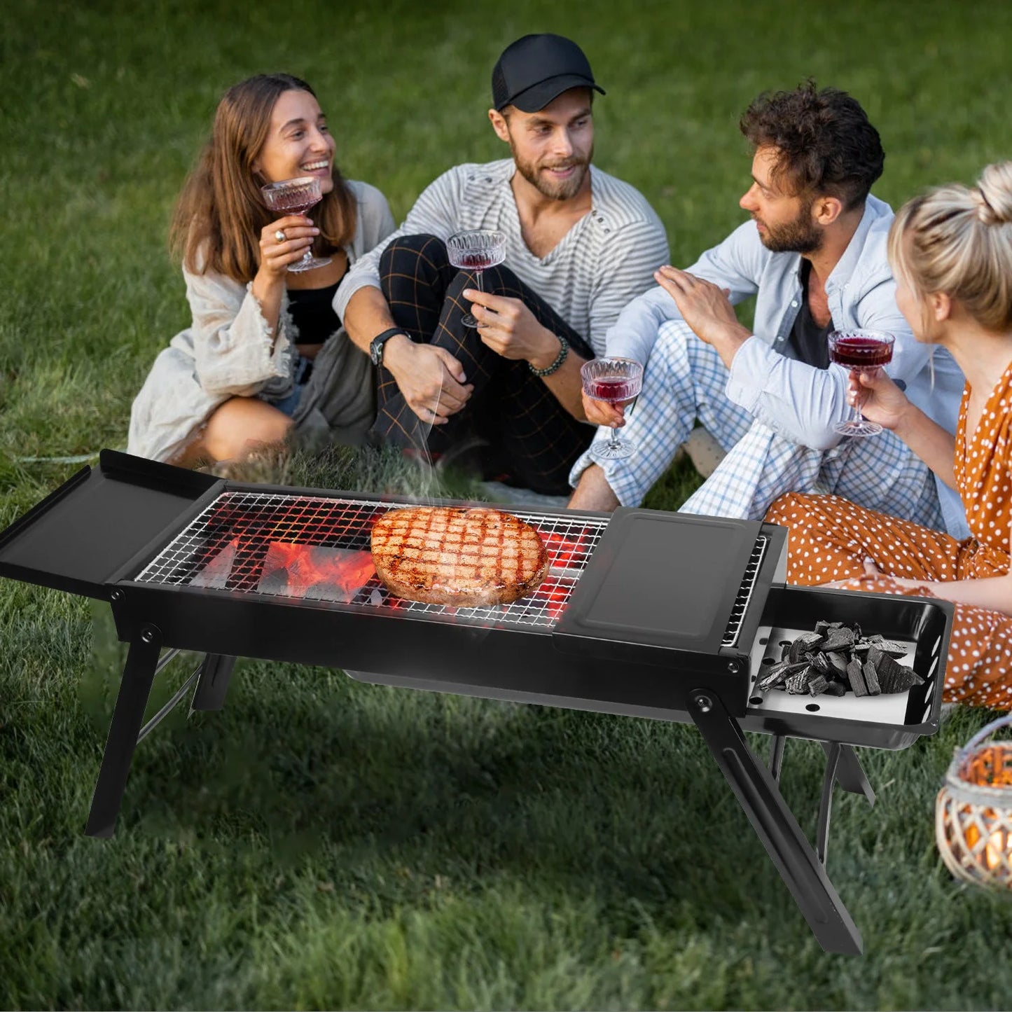 Portable BBQ Grill with Shelf, 34X9X12In Foldable Charcoal BBQ Grill with Steel Net, Black