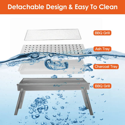 Portable BBQ Grill with Shelf, 34X9X12In Foldable Charcoal BBQ Grill with Steel Net, Black