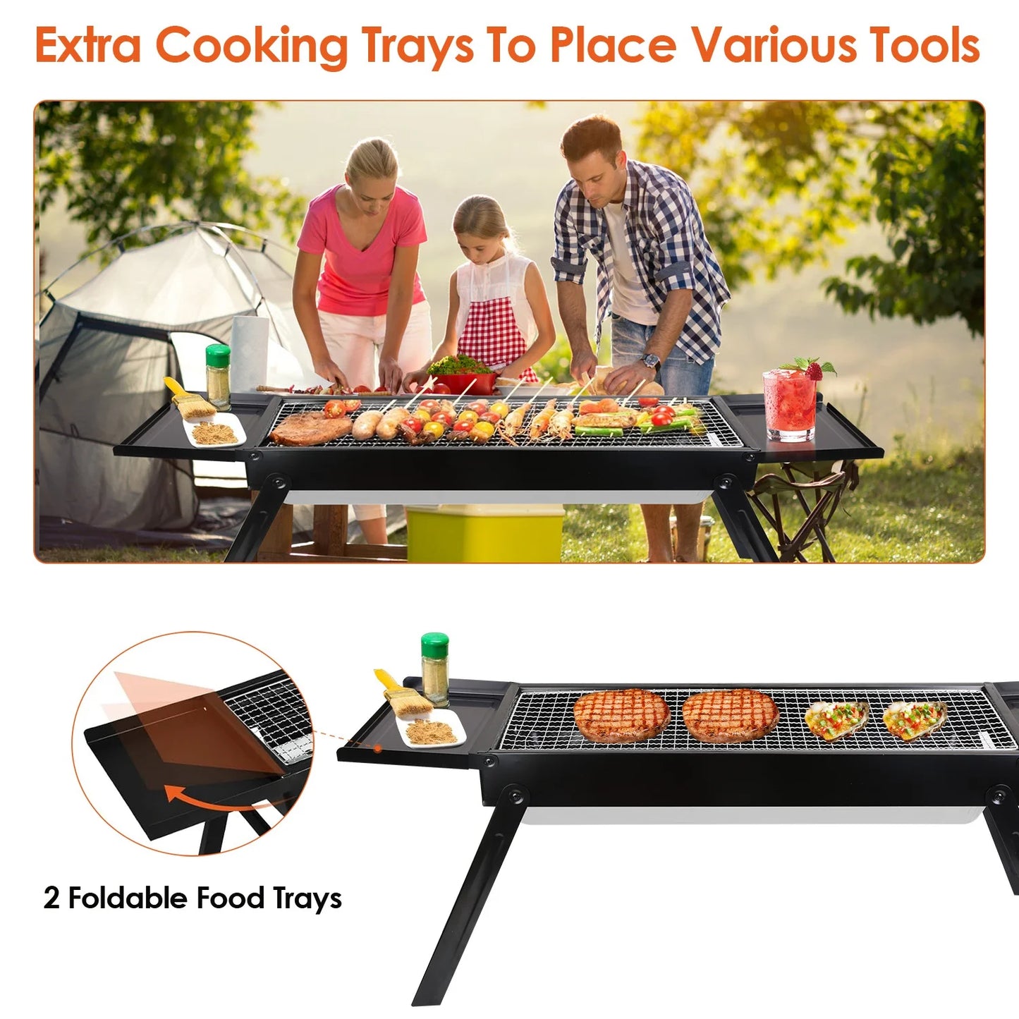 Portable BBQ Grill with Shelf, 34X9X12In Foldable Charcoal BBQ Grill with Steel Net, Black
