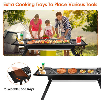 Portable BBQ Grill with Shelf, 34X9X12In Foldable Charcoal BBQ Grill with Steel Net, Black